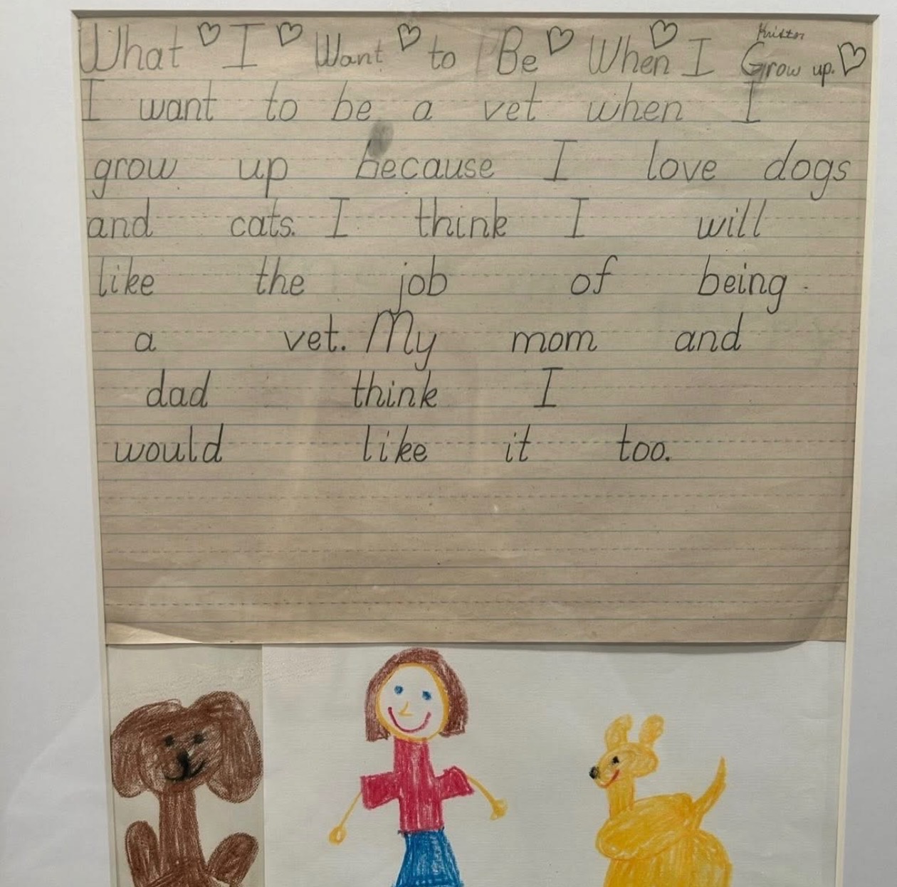 A childhood drawing showing a dog, a girl, and a kangaroo, with the words "I want to be a vet when I grow up."